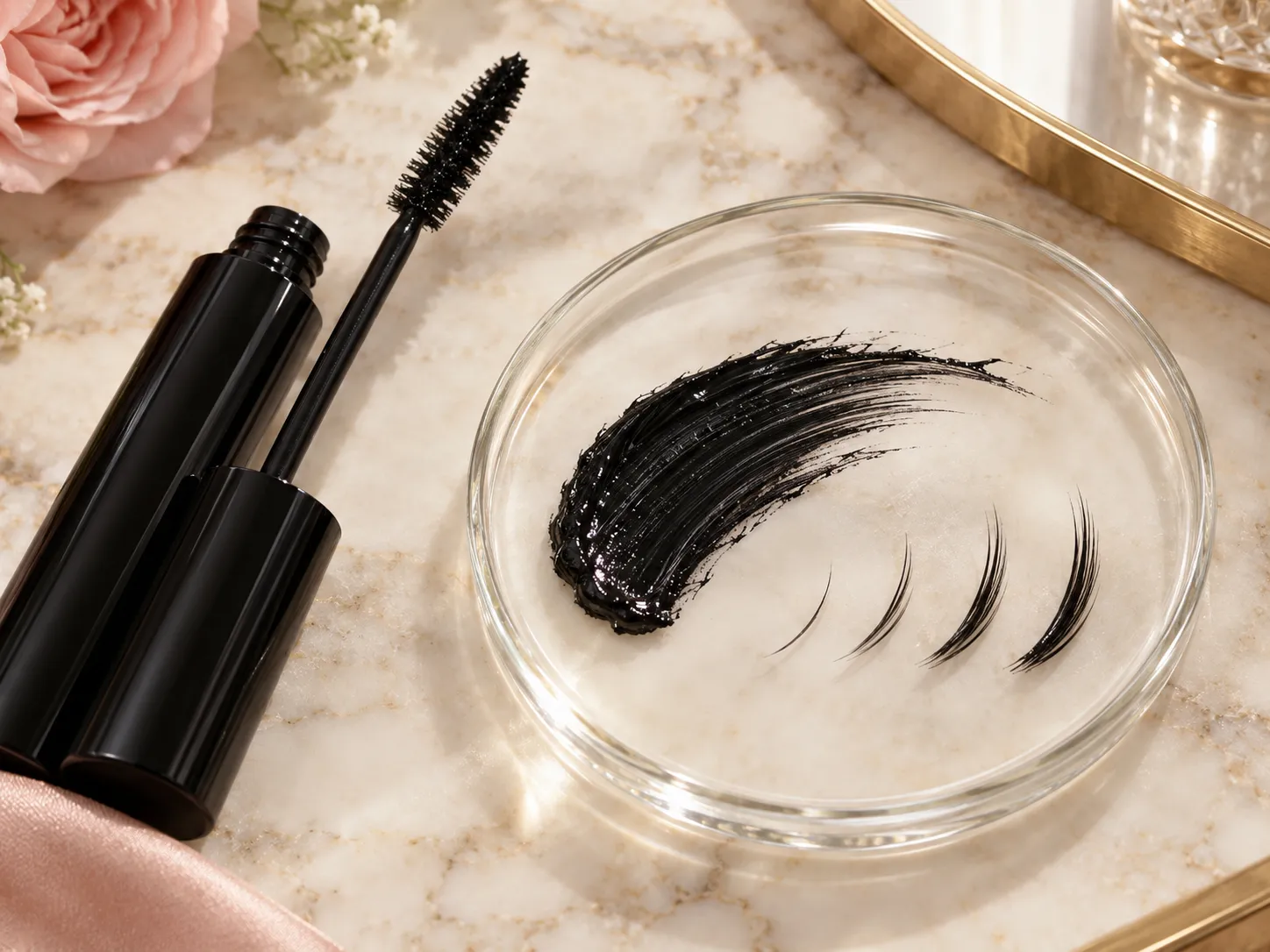 Macro view of cosmetic fibers used in a 3D fiber lash mascara formula