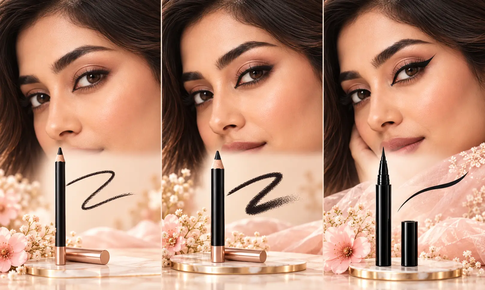 Almay pencil, gel and liquid eyeliner application and finish comparison