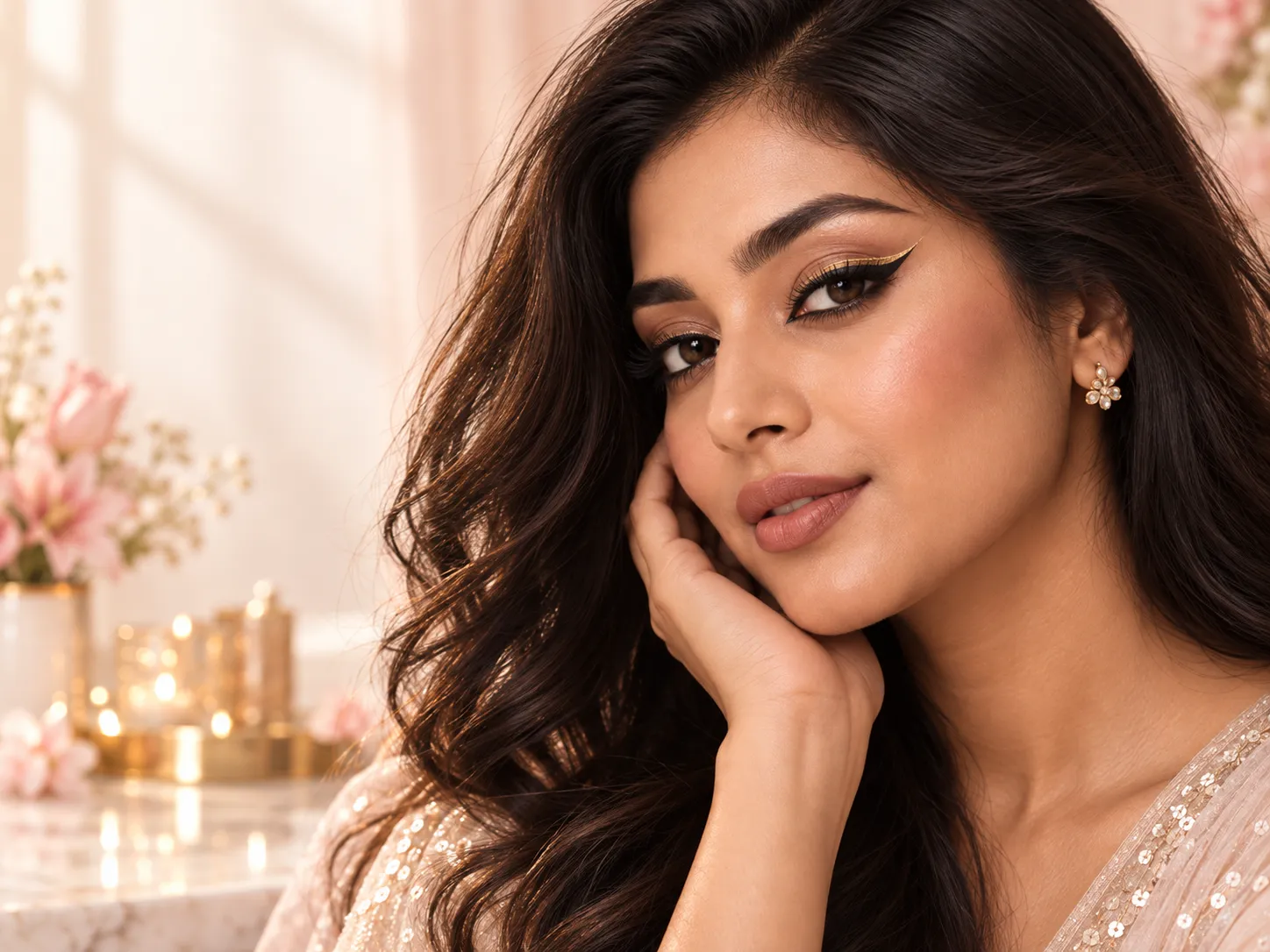 Black and gold double eyeliner makeup look on a Bangladeshi woman
