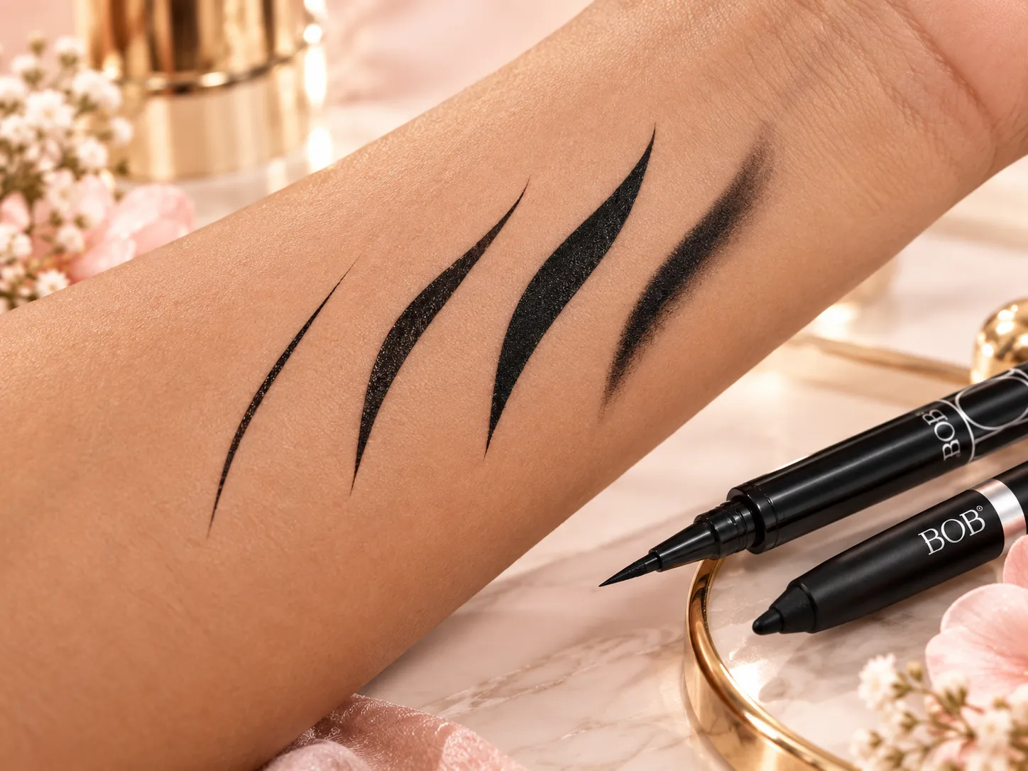 BOB black eyeliner line and matte finish comparison