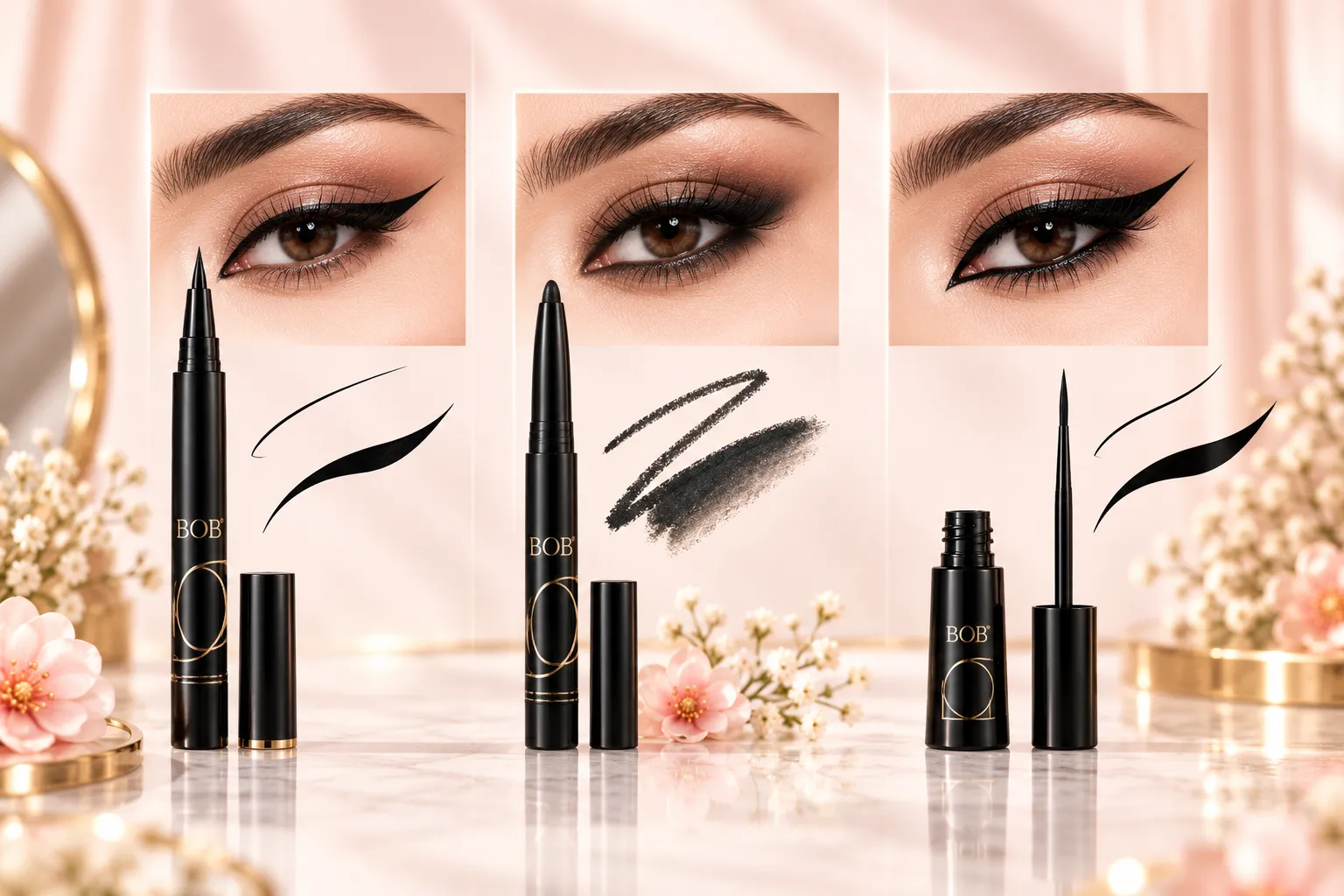 BOB eyeliner pen pencil and liquid liner type comparison