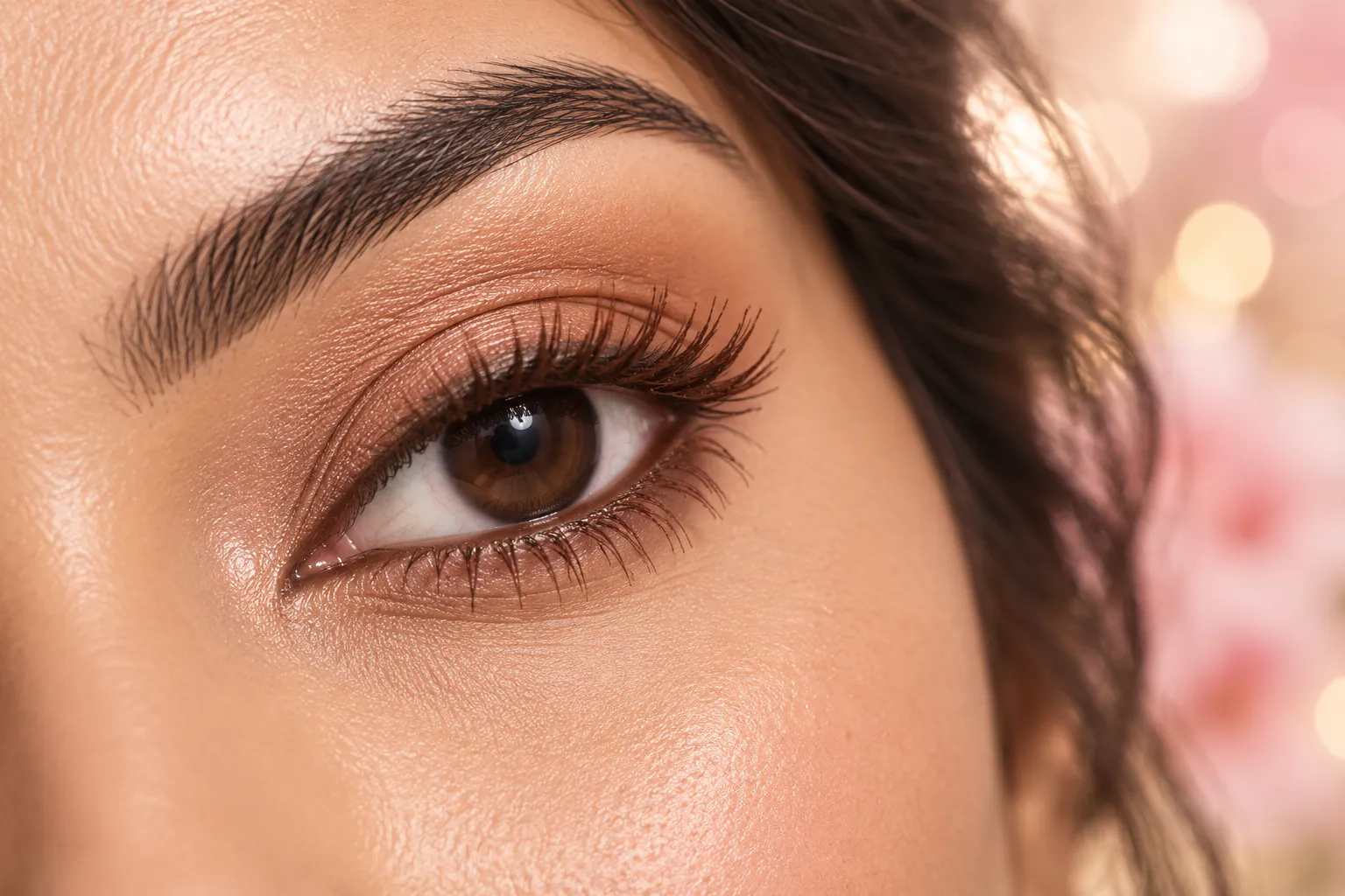 Close-up of softly defined lashes wearing brown mascara