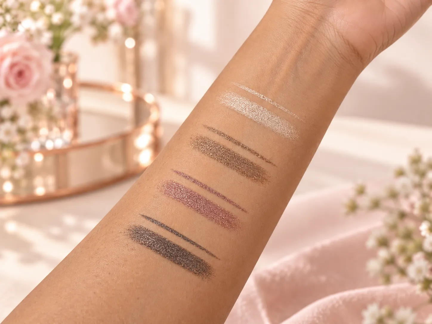 Champagne bronze and rose shimmer eyeliner swatches