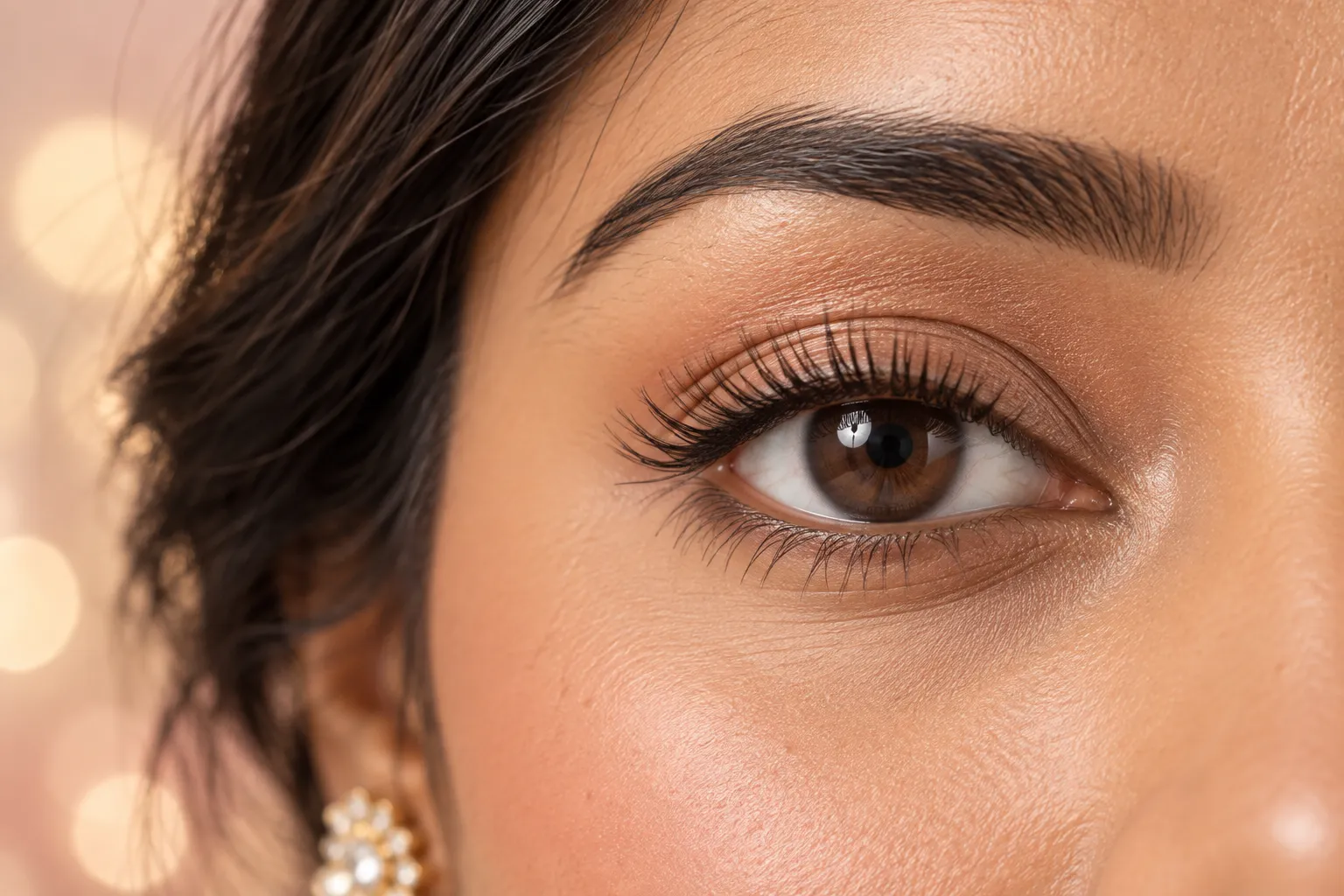 Close-up of natural glossy lashes after using clear mascara