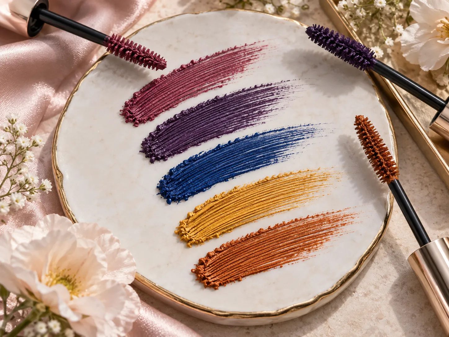 Pink purple blue yellow and orange colored mascara swatches
