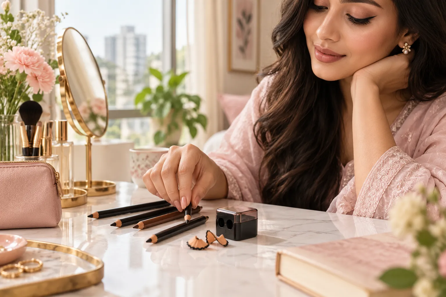 Cosmetic eyeliner sharpener on a neat Bangladesh makeup vanity