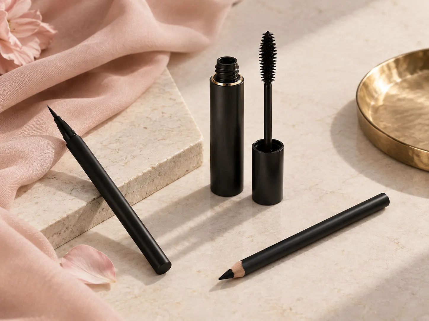 Eyeliner, mascara and kajal arranged for product comparison