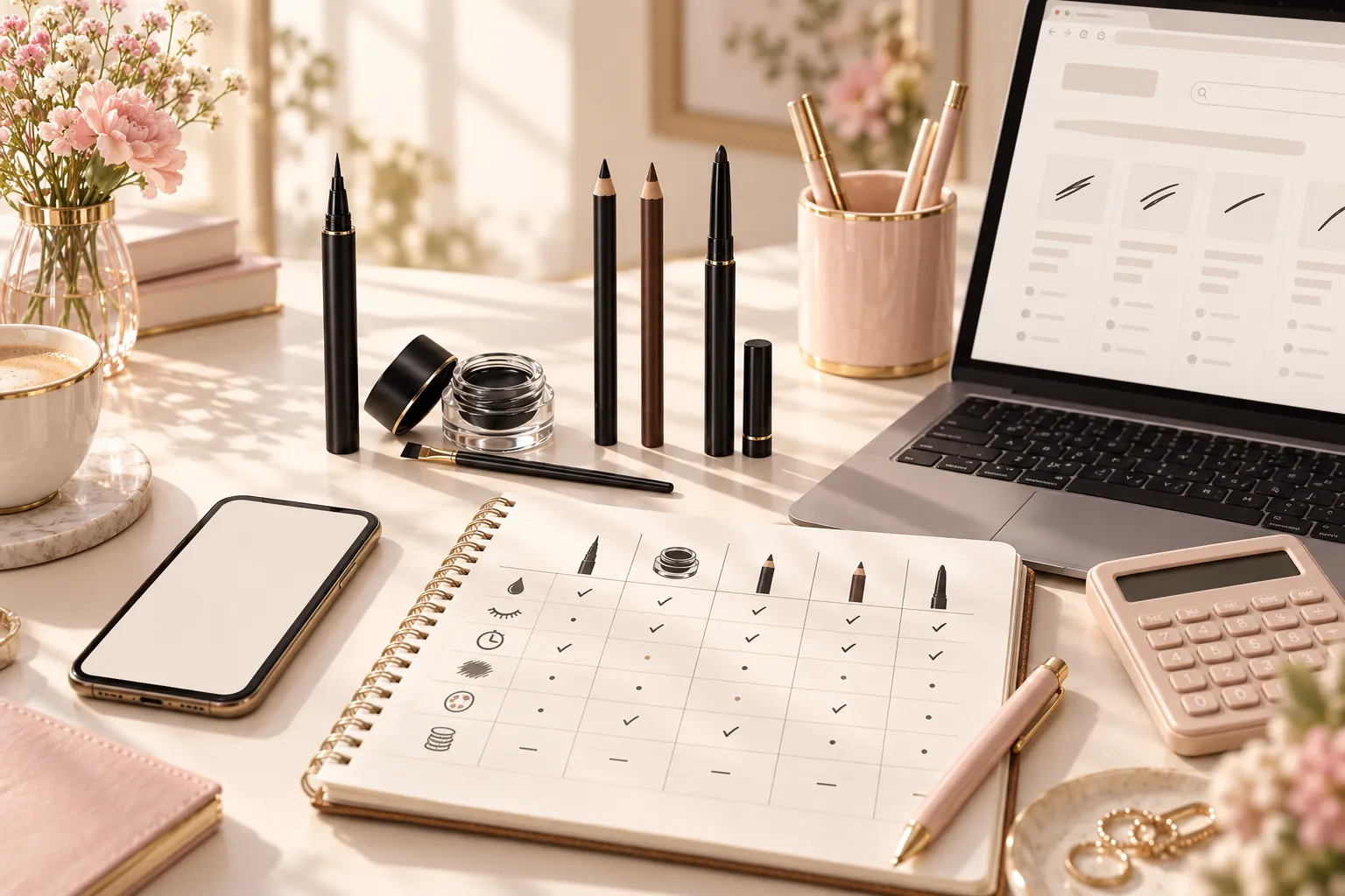 Eyeliner products beside notes and a laptop for price comparison
