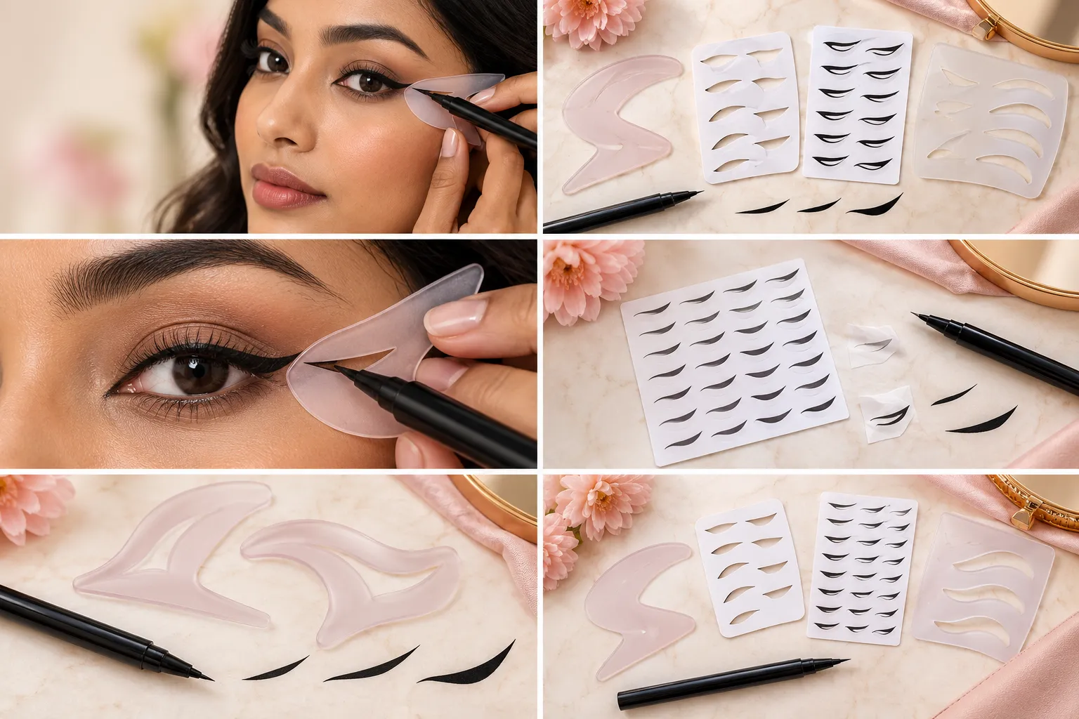 Wing template, reusable guide and adhesive eyeliner stencil types