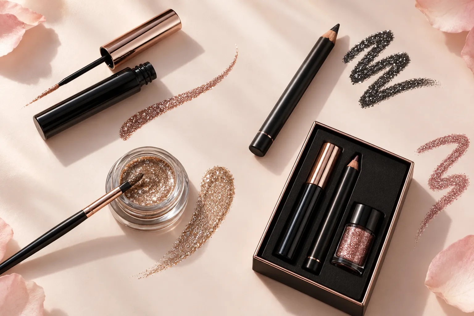 Glitter liquid eyeliner pencil and multi-colour eyeliner set compared