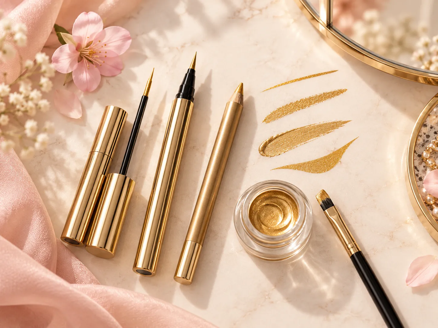 Gold liquid, pencil and gel eyeliner types shown together