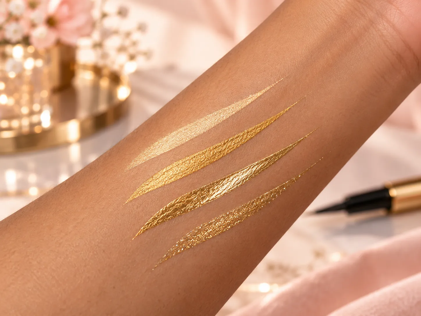 Champagne, classic and antique gold eyeliner swatches on brown skin