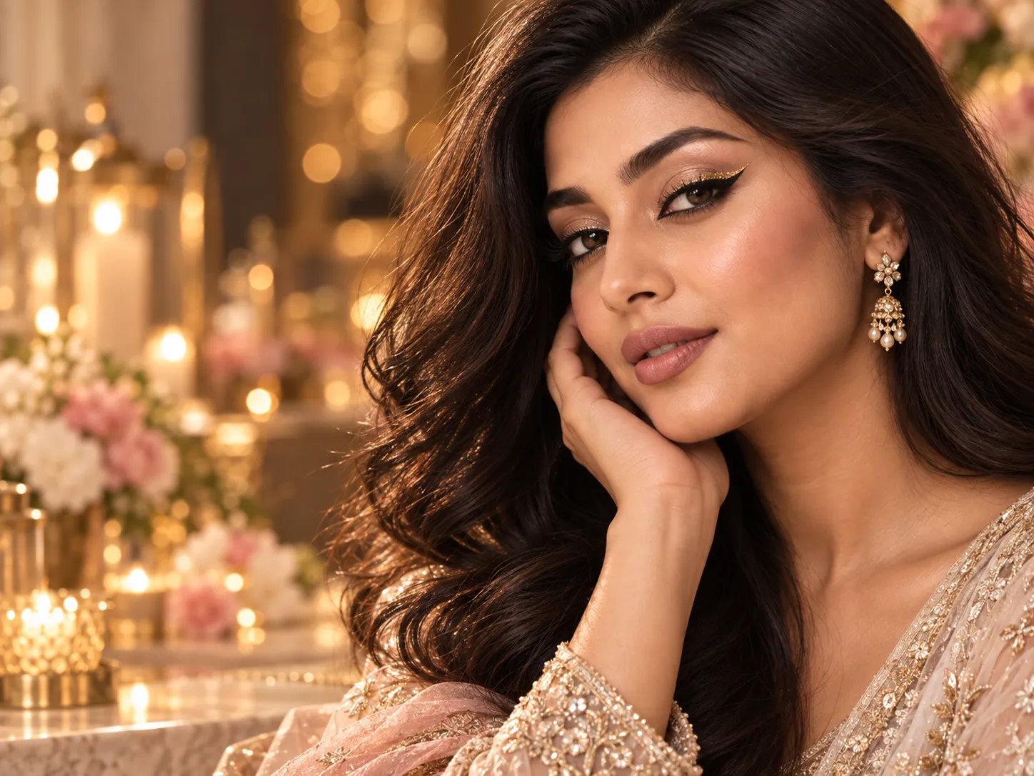 Gold glitter eyeliner styled for an Eid makeup look in Bangladesh