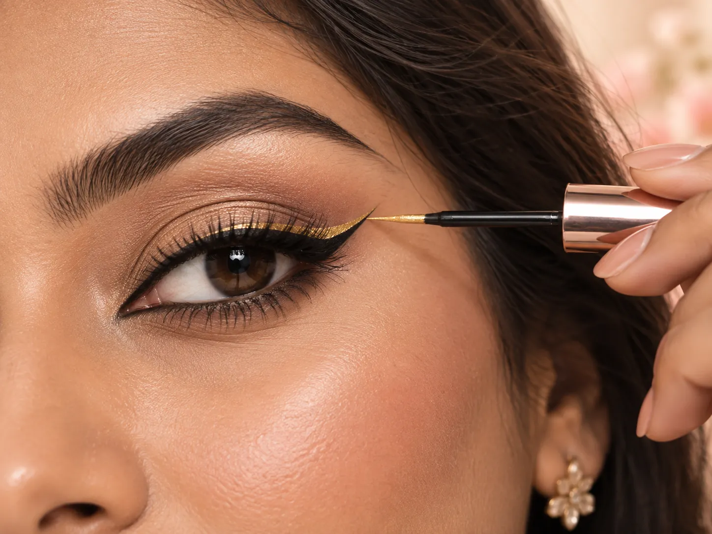 Step-by-step application of gold liquid eyeliner on the upper eyelid