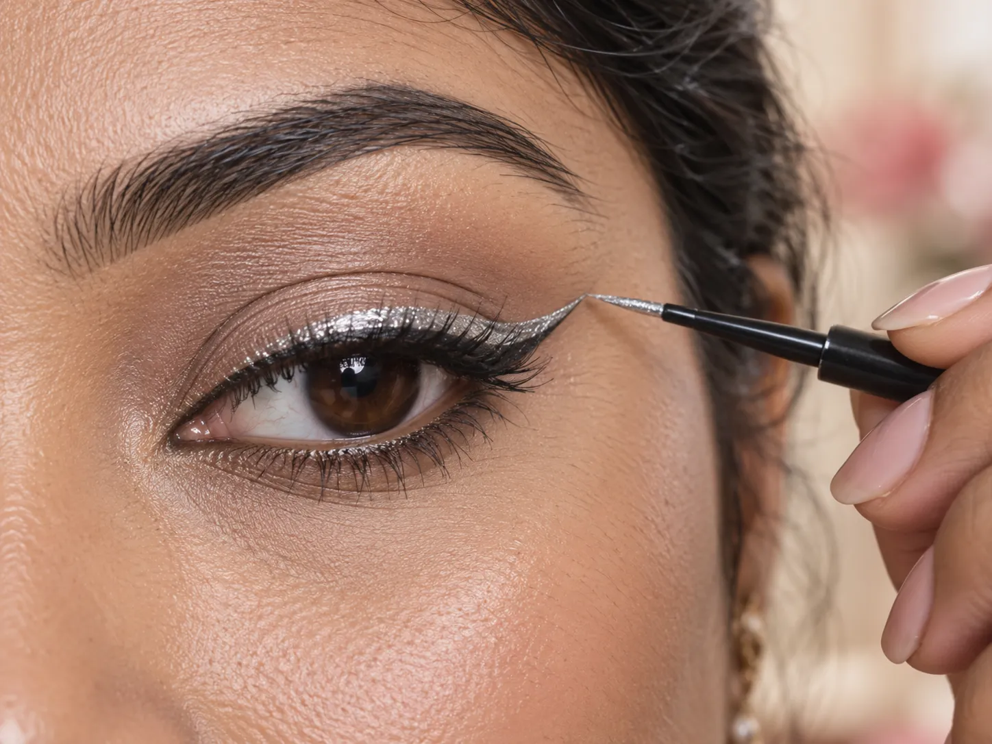 Step-by-step application of silver metallic eyeliner
