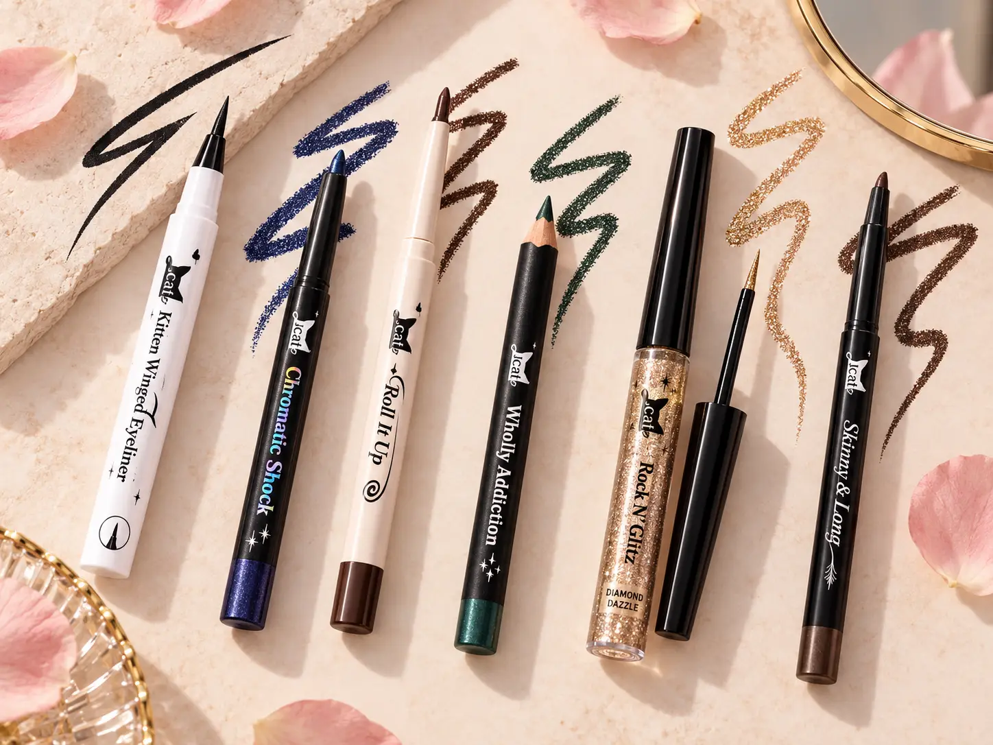 J.Cat Beauty eyeliner range with liquid pen and pencil eyeliner
