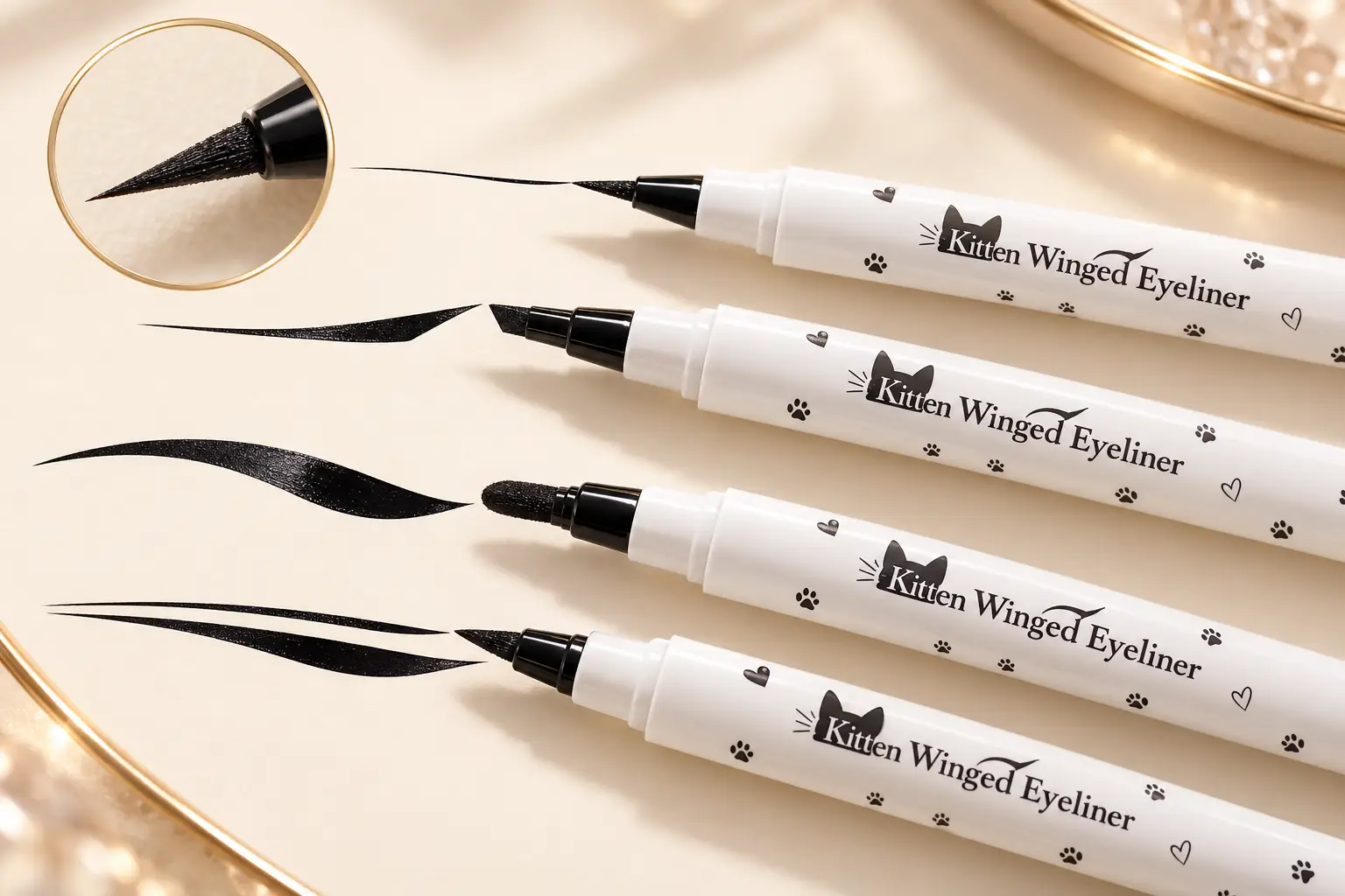 J.Cat Kitten Winged Eyeliner ultra fine angled paddle and dual tip comparison