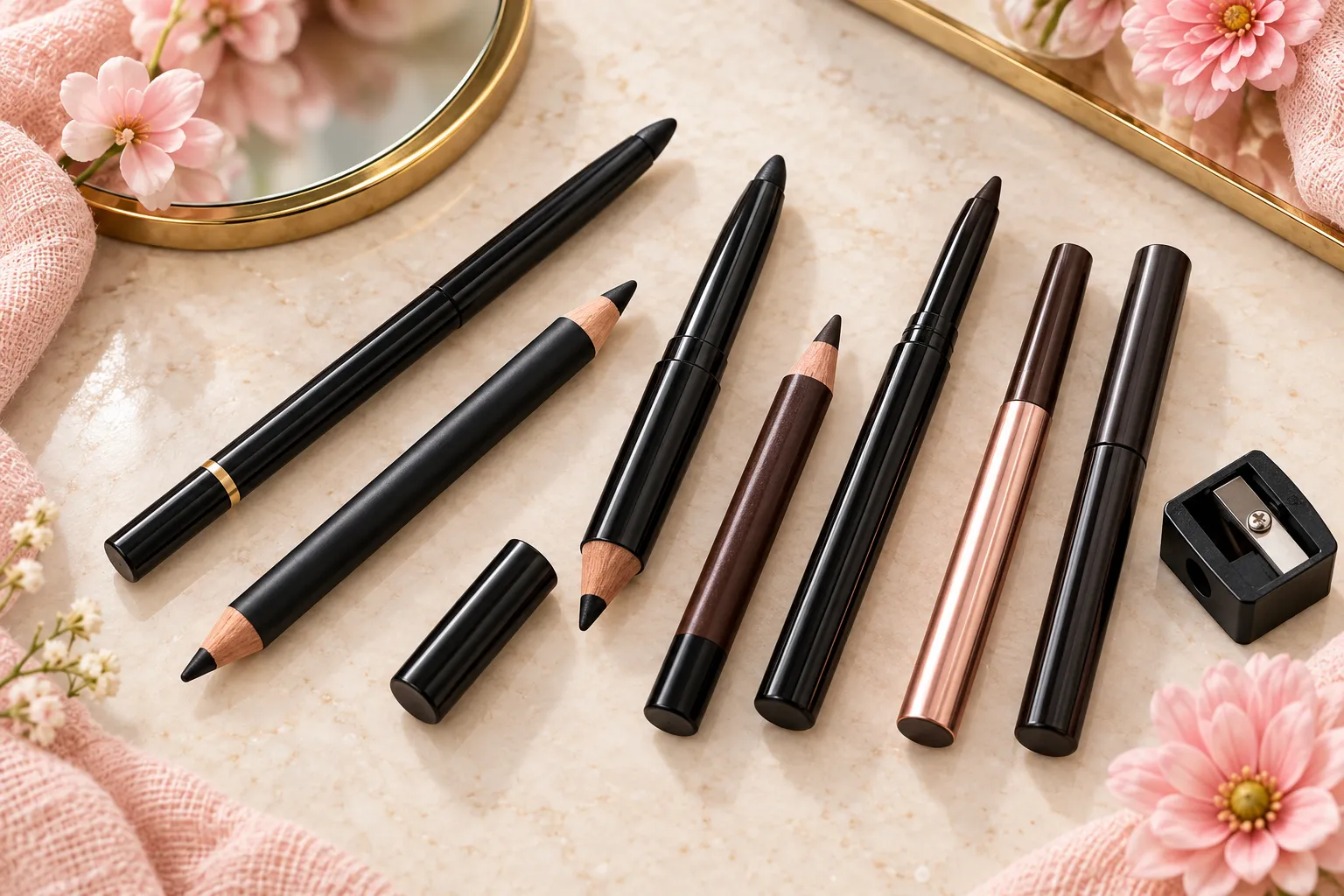 Kajal pencils, kohl pencils and retractable eye makeup sticks arranged for comparison