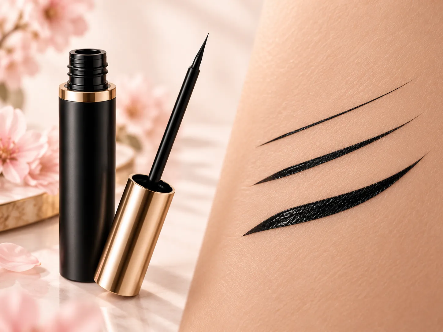 Close-up of a La Femme liquid eyeliner precision tip making a fine black line