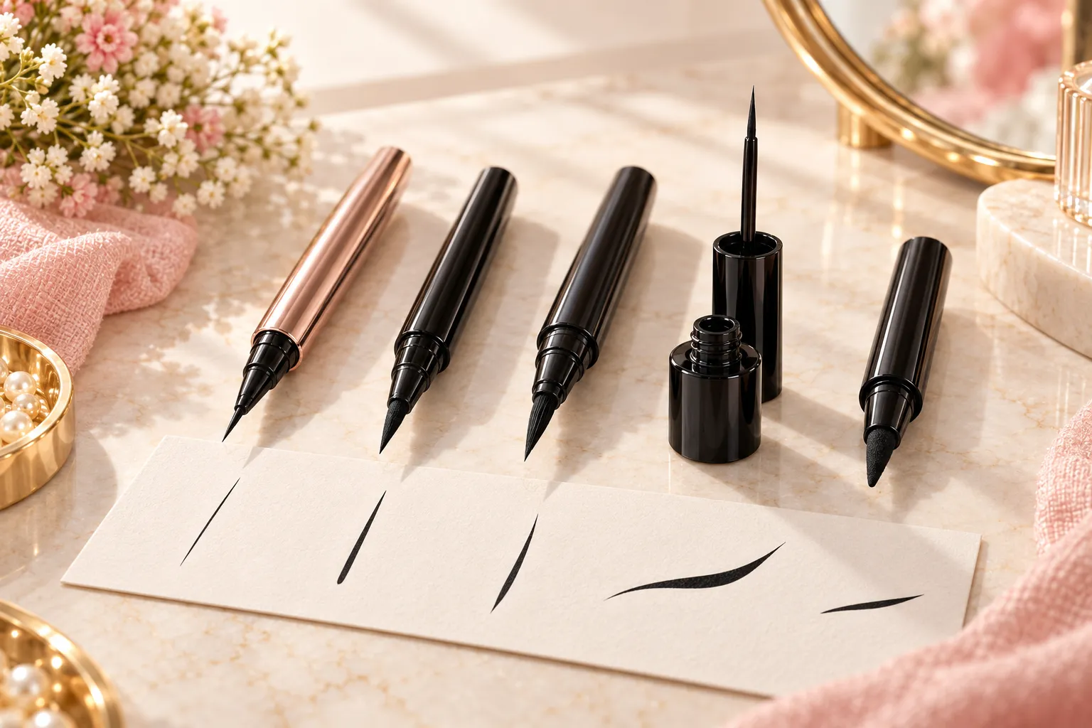 Liquid eyeliner products beside notes for comparing price, tip and product details