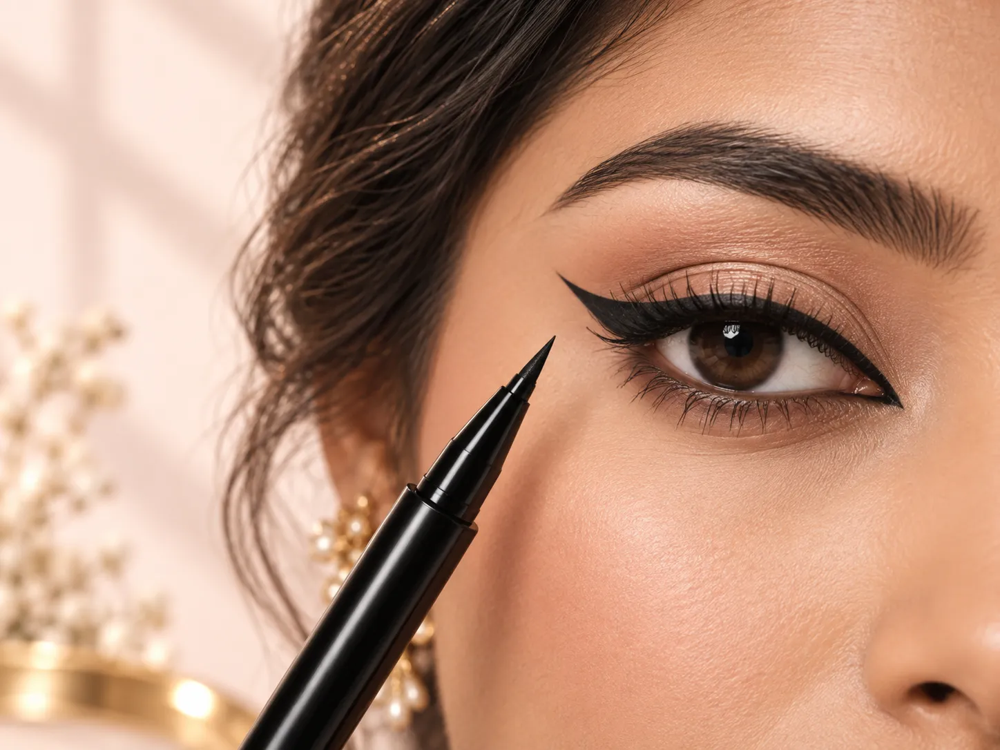 Close-up of black winged eyeliner beside a liquid eyeliner pen