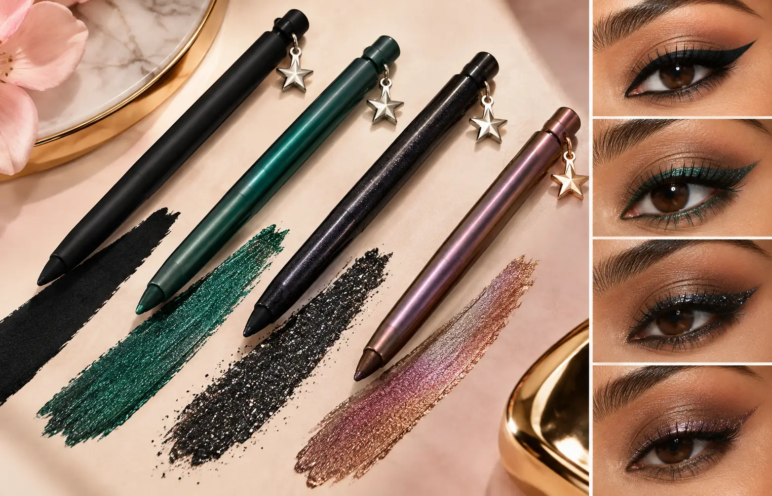 Marc Jacobs Drawn This Way matte metallic glitter and duochrome eyeliner finishes