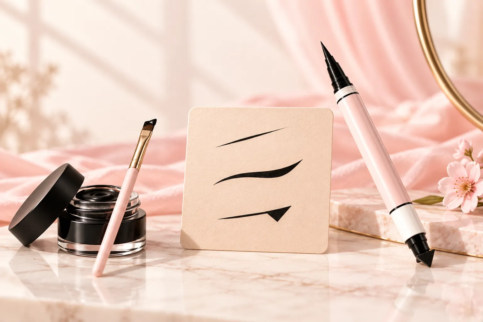 Miniso gel eyeliner and blade brush compared with a fine-tip eyeliner pen
