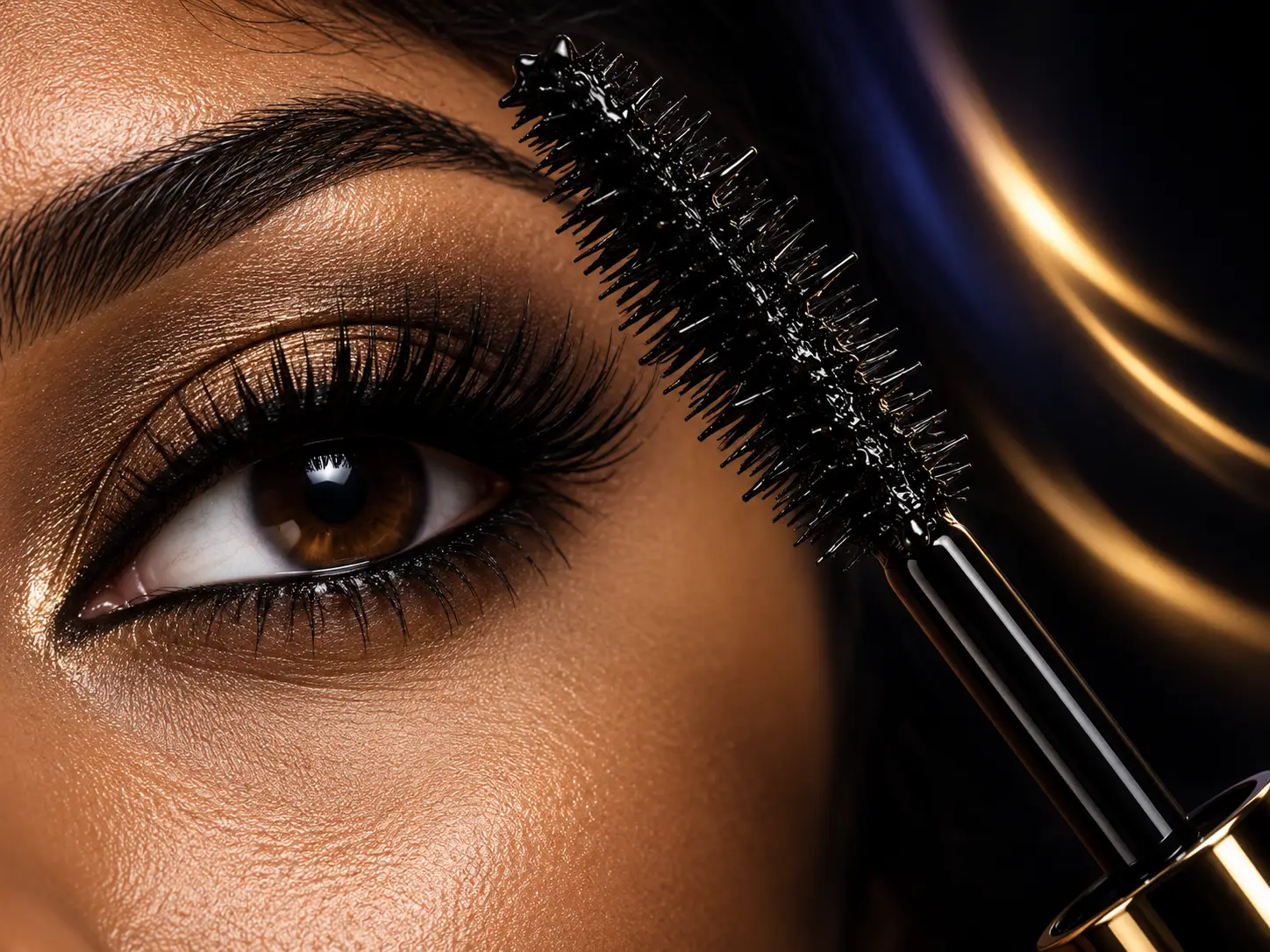 Close view of Pat McGrath DARK STAR contoured mascara brush and volumised lash result
