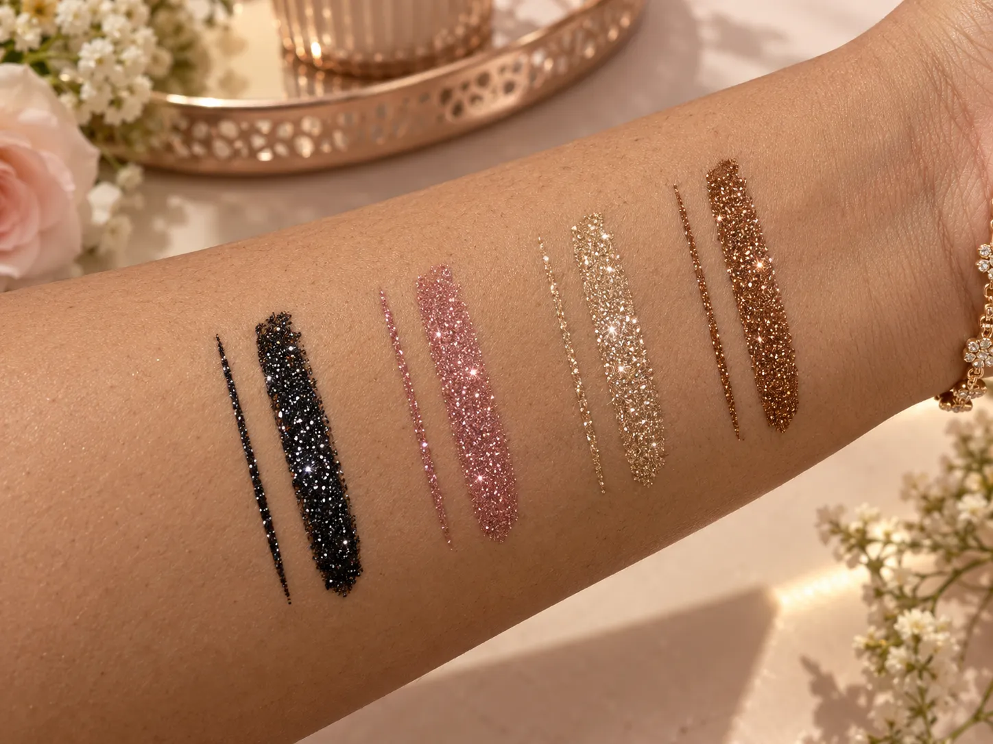 Pink black and gold glitter eyeliner swatches