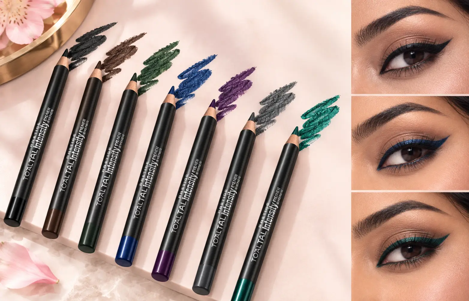 Prestige Total Intensity Eyeliner colours including black brown blue purple green and slate