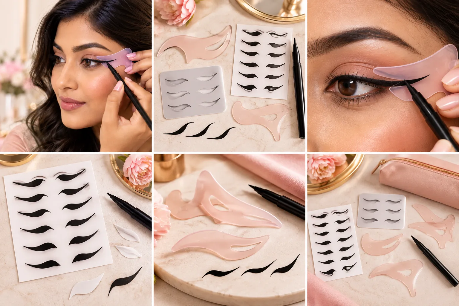 Reusable silicone eyeliner stencil guide held beside the eye