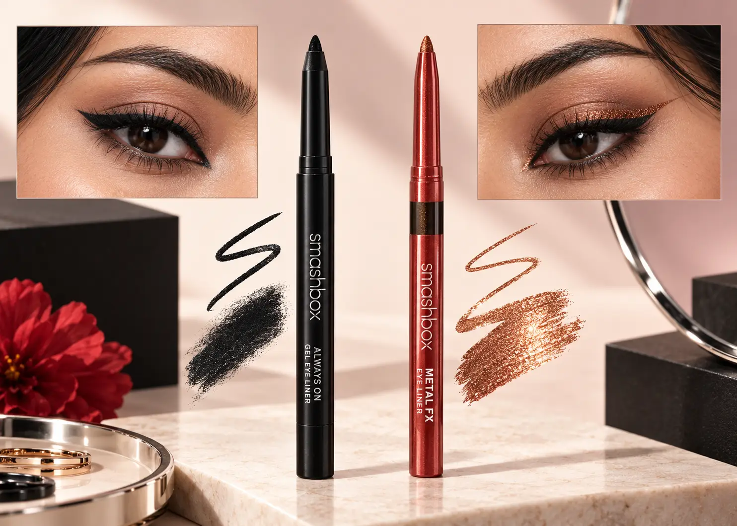 Smashbox Always On Gel and Metal FX eyeliner finish comparison