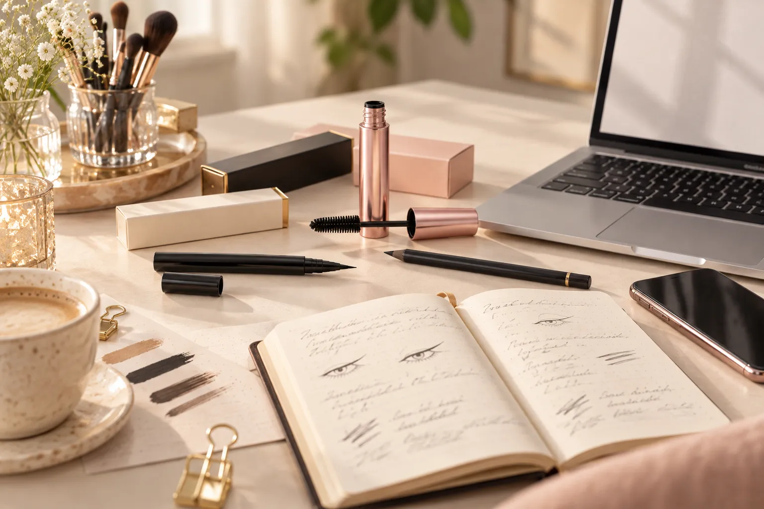 Eyeliner, mascara and eye makeup products beside a notebook and laptop for research