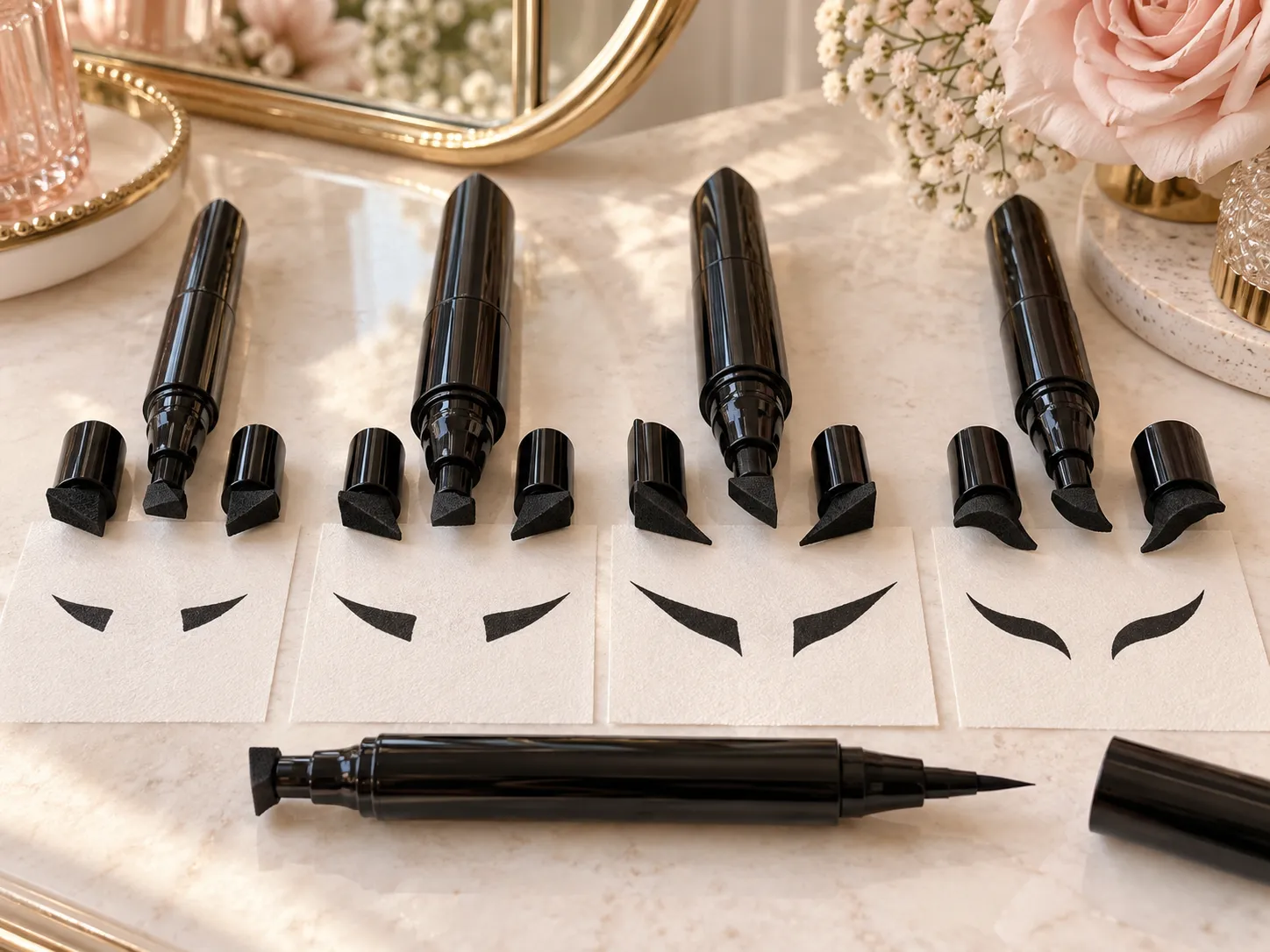 Winged eyeliner stamp and precision liner tip types