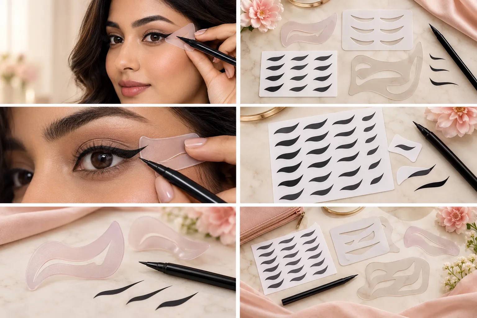 Winged eyeliner stencil positioned at the outer corner of an eye